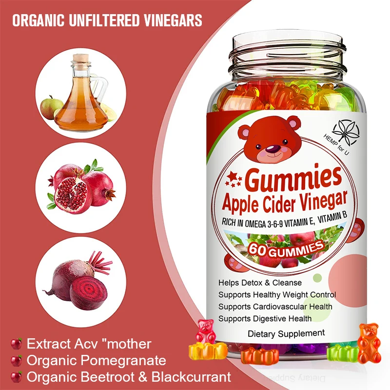 Acid Apple Cider Vinegar Gummies for Slimming, Soothes Gas & Bloating, Cholesterol Blood Sugar Levels & Burning Fat, Weight Loss