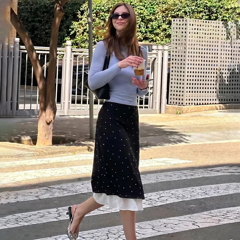Typhaland Mesh splice Polka-Dot Skirt Women's Slim Contrast High Waist Long Skirt 2026 Spring Summer Sexy Slit Banquet Skirt
