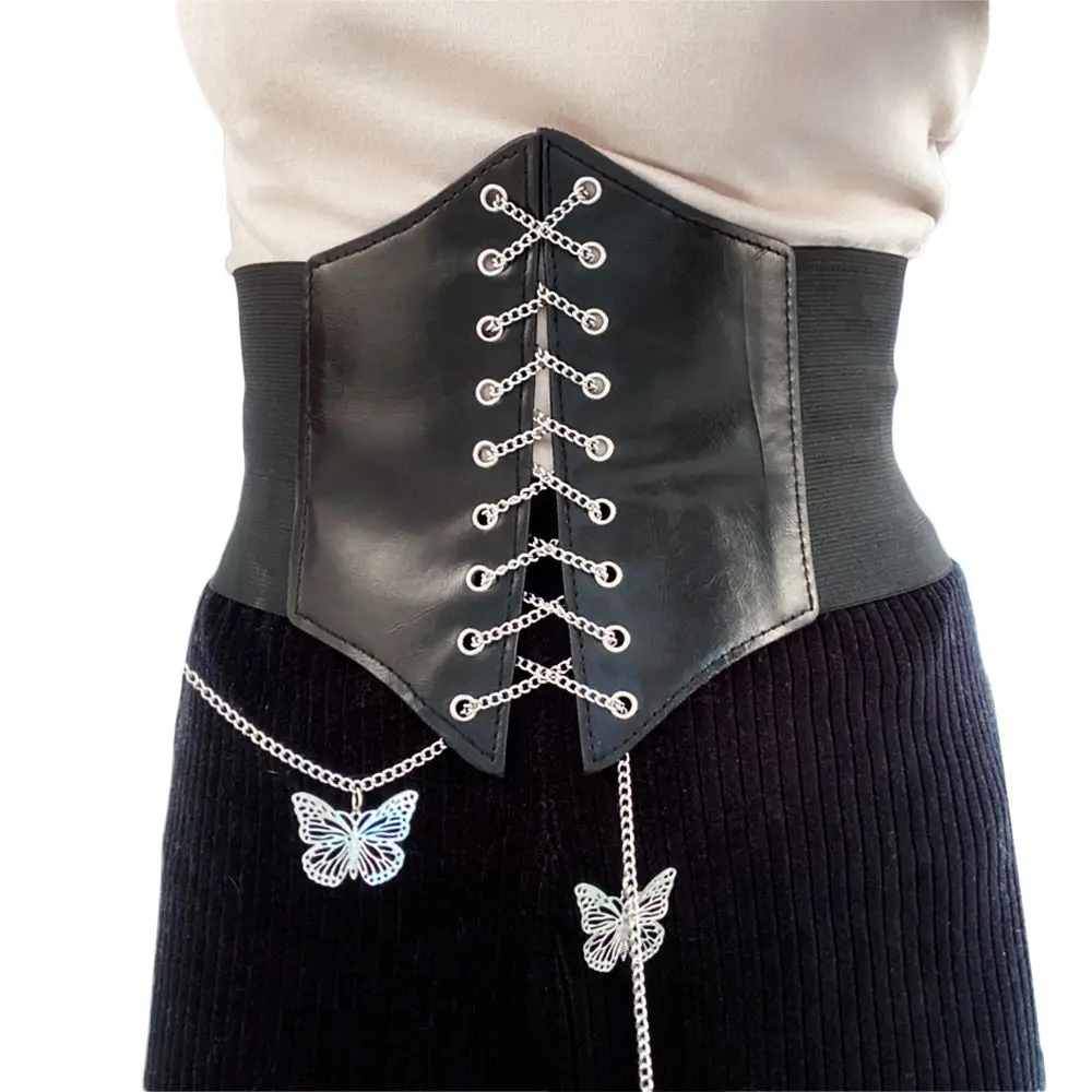 Personality Simple Dress Corset PU Leather High Waist Cummerbunds Waist Belt Female Waistband Butterfly Chain