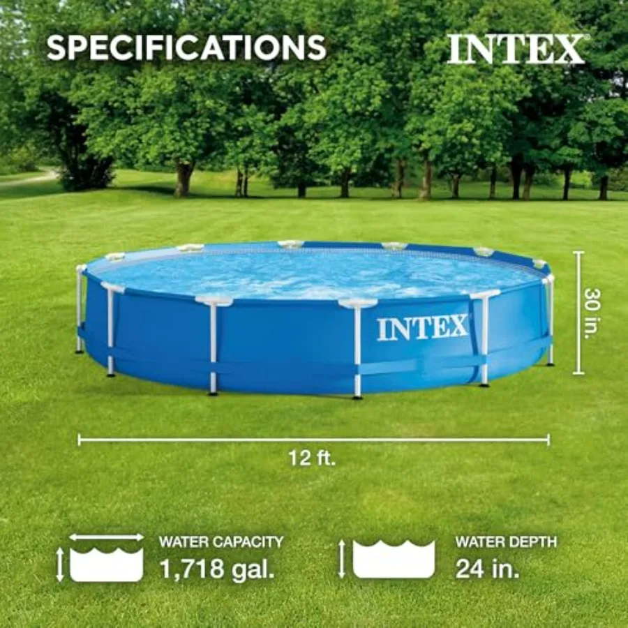 Outdoor above ground swimming pool set: round metal frame, 12' x 30, blue, rust-resistant steel construction with filter pump,