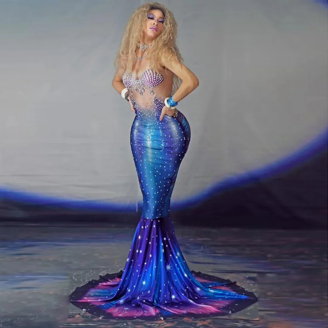 

Sexy Nightclub Bar Party Role Performance Costume Sparkly Pearls Outfit Rhinestones Fishtail Long Dress Blue Trailing Dress