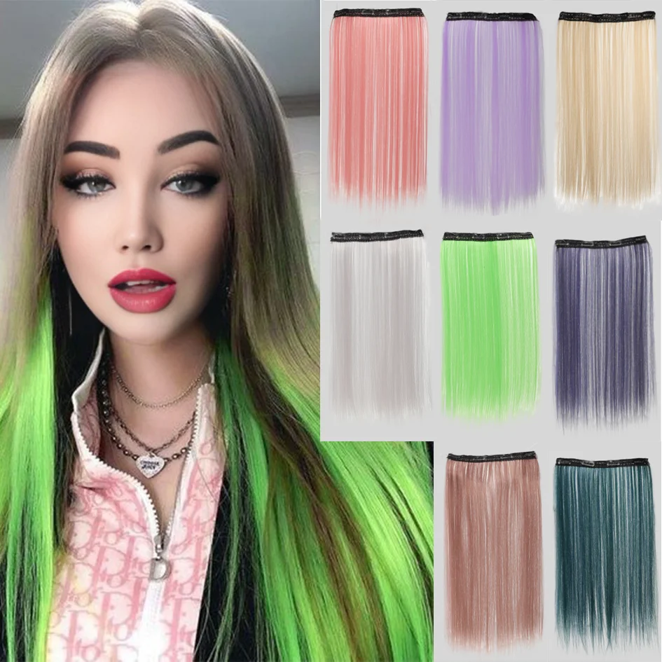 

Synthetic 50cm 4-card color straight hair extensions, clip on ponytails, pink/blue/purple wigs, Halloween/Christmas wigs