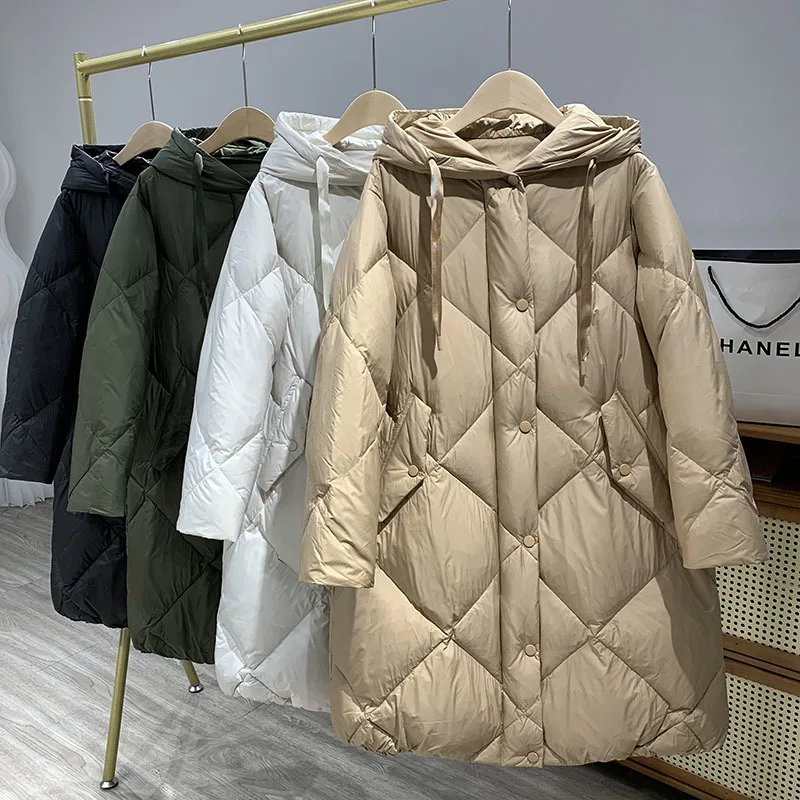 

Oversize Warm Down Coats Female Hooded Long Parkas Fashion Rhombus Quilted Warm 90% White Duck Down Winter Puffer Jacket Women