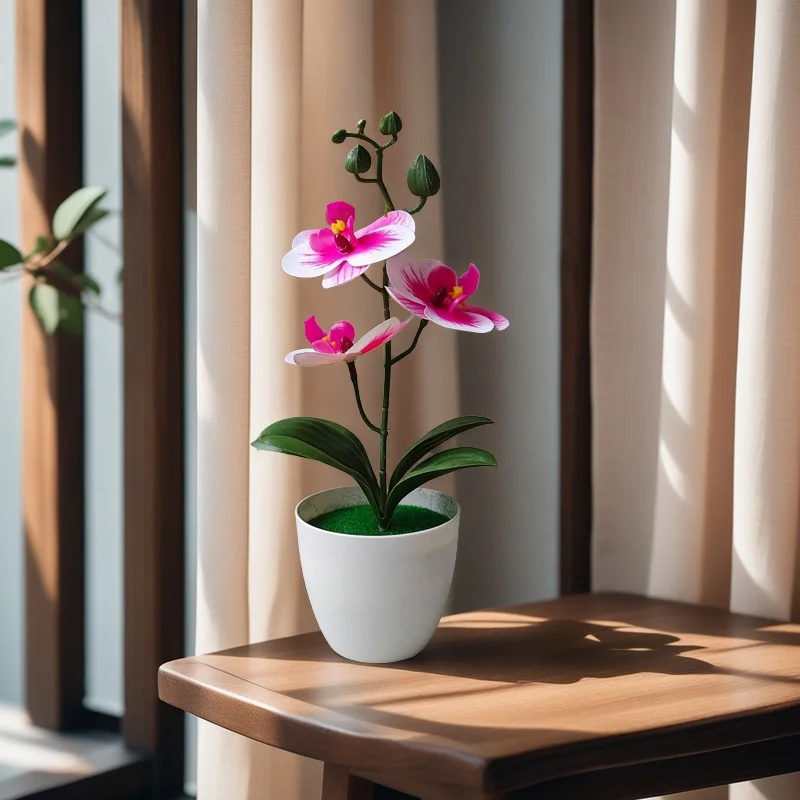 قطعة واحدة من أوركيد مقلد في وعاء - 3 زهور أوركيد صناعية نابضة بالحياة لديكور المنزل لعيد الهالوين وعيد الشكر، هدية الانتقال لمنزل جديد