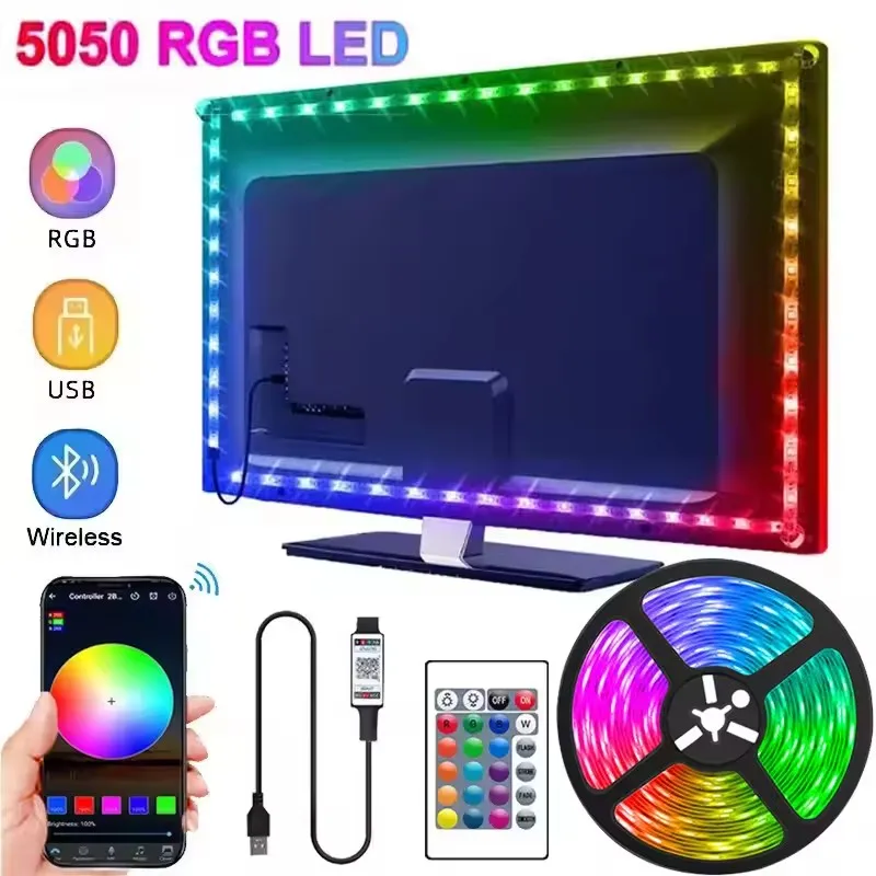 RGB LEDストリップライト USB 5V 音楽同期 RGB 5050 LEDライト Luces Led フレキシブルランプテープ テレビバックライト 部屋装飾 1m-30m