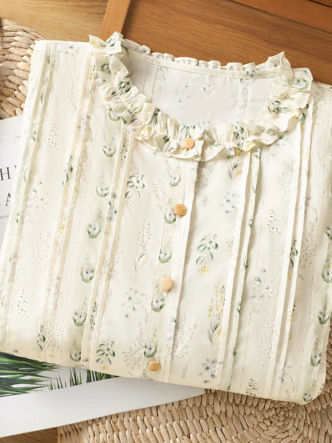 French Sle Cotton Floral Print ort Sve irt Damen Sommer Schlankheits-Spitzenkragen-Top Bubble Sve Petal Collar irt