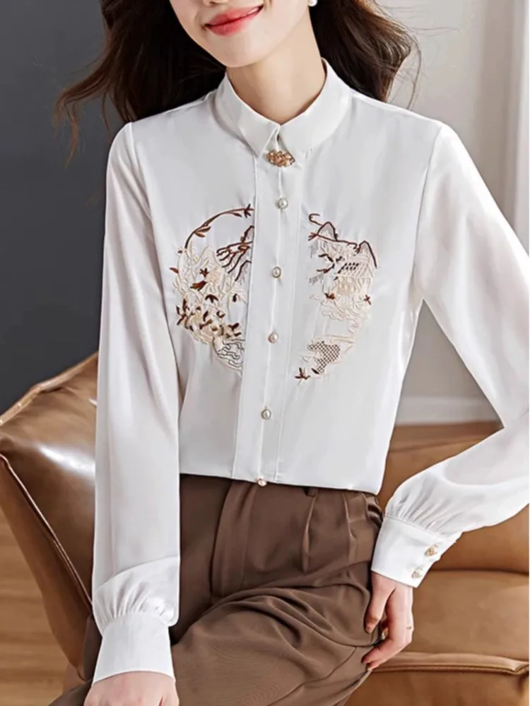 #3201 White Long Sleeve Shirts Women Embroidery Chinese Style Vintage Loose Stand Collar Womens Tops And Blouses Pearl Buttons