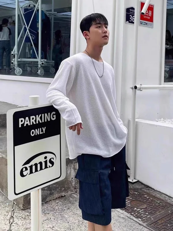 Suéter de Punto Hoado de Manga Larga para Hombre, Cuello en U, Malla Calada, Suave, Transpirable, Informal, de Verano, de H...