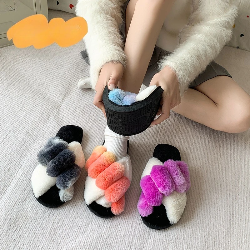 Winter Women Mixed colors Cross Strap Fluffy Home Slippers Fashion Open toed Plush Fur Slippers Flats Warm Cotton Slides Shoes