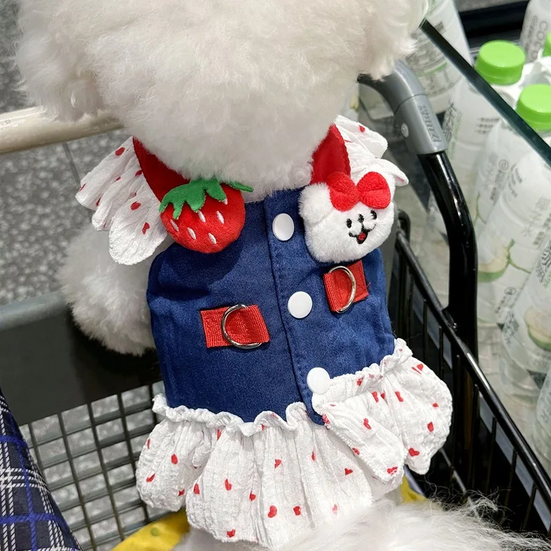

Cute Snowman Pet Clothes Summer Denim Fabric Teddy Dress Thin Leashable Cowboy Bichon Frise Princess Skirt