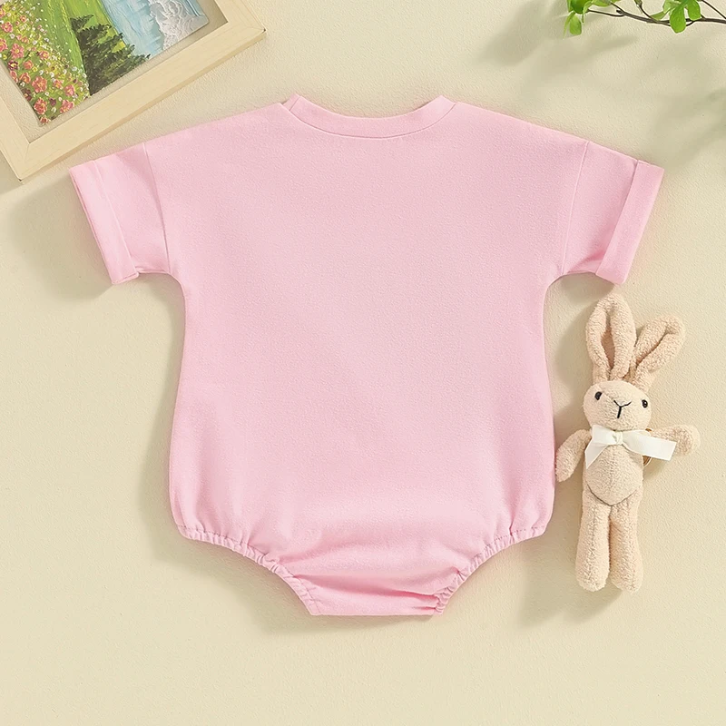 Molgkyo Newborn Baby Girl Boy Easter Outfit Short Sleeve Letter Print Oversized Romper Infant Bunny Bodysuit Summer Clothes