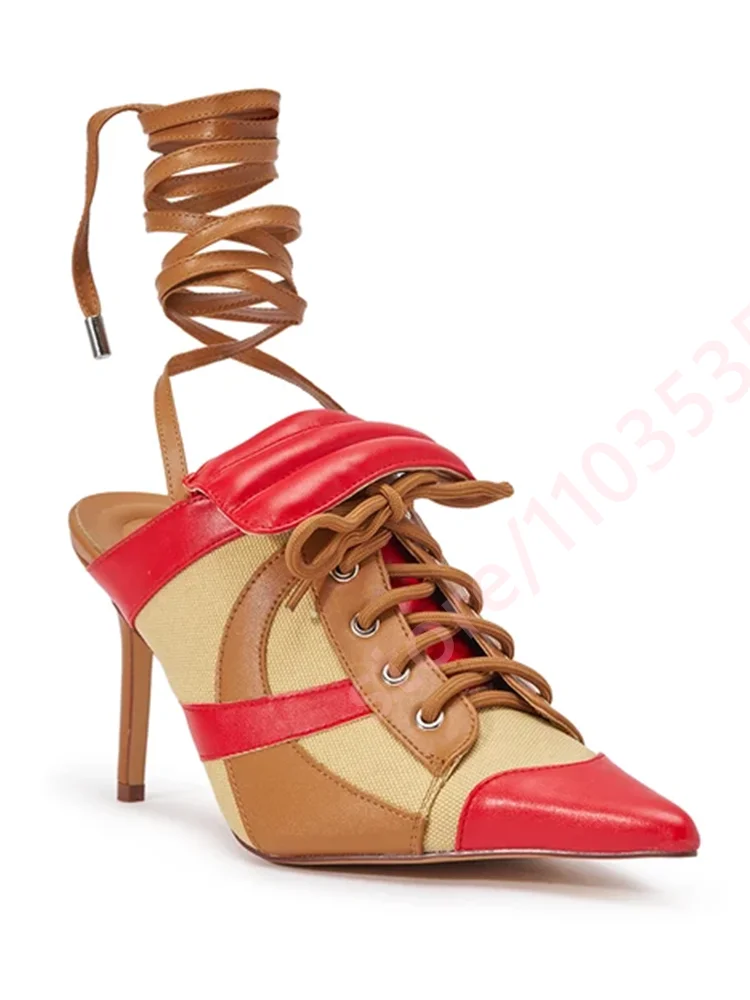 Women Color Block Pointed Toe Mules Stiletto Canvas Patchwork Lace‑Up Ankle Wrap Strappy Backless Fashion Party High Heel Pumps