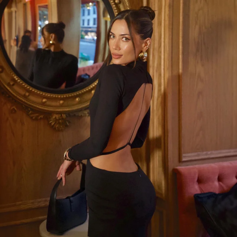 2025 Winter Fashion Long Sleeve Backless Solid Color Bodycon Dress