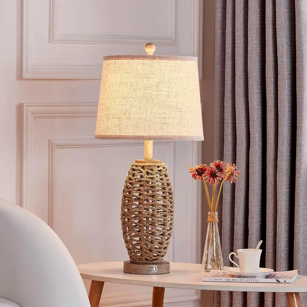 27" Natural Rattan Table Lamp Set of 2, Touch 3-Way Dimmable, USB Charging, Oatmeal Shade view 3