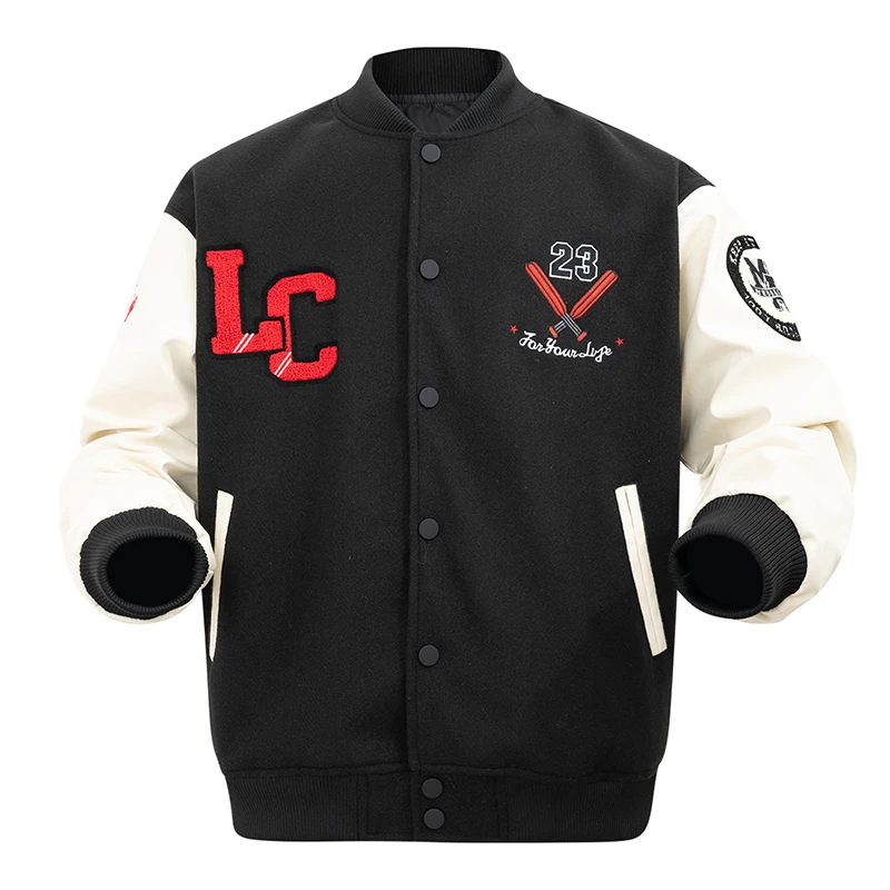 

Men's Embroidered Varsity Jacket Y2K Style School Logo Track Outwear - Faux Leather Wool Blend Demi-Season