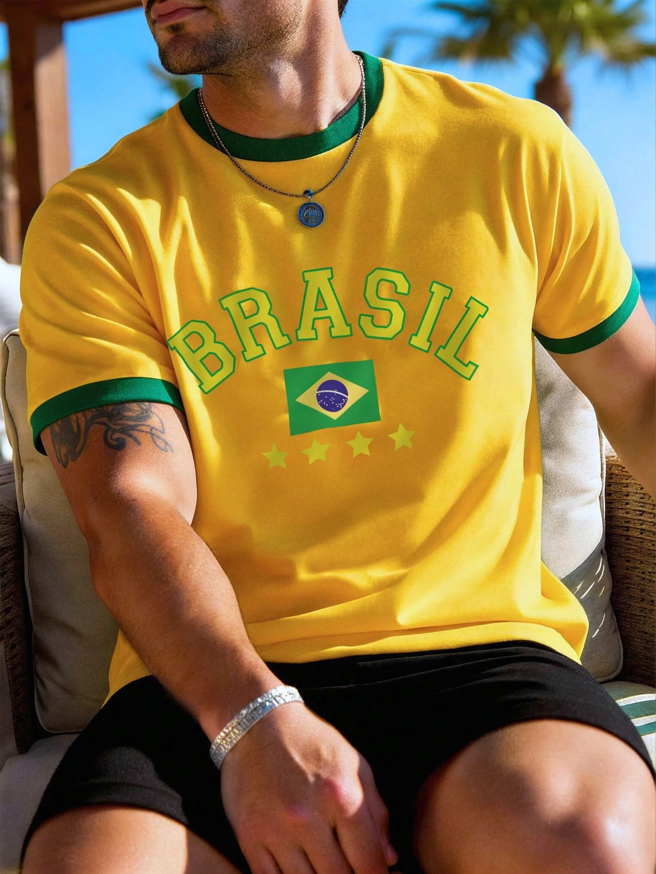 Men's Green & Yellow Brazil Football Sports Element & Letter Print Pattern T-Shirt , Brazil Shirt Football T shirt
