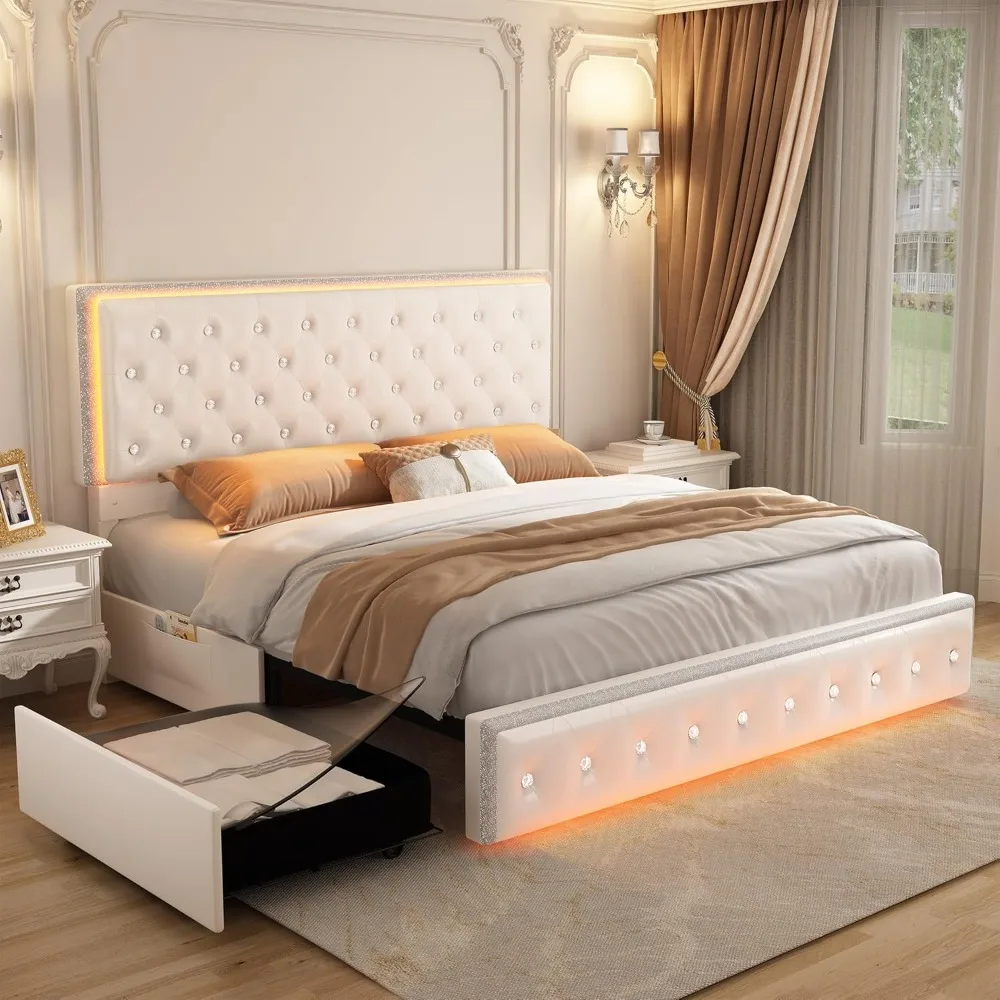 Large Upholstered Bed with 2 Drawers, Tufted Headboard with Crystal Buttons, Solid Flat Noodles Support