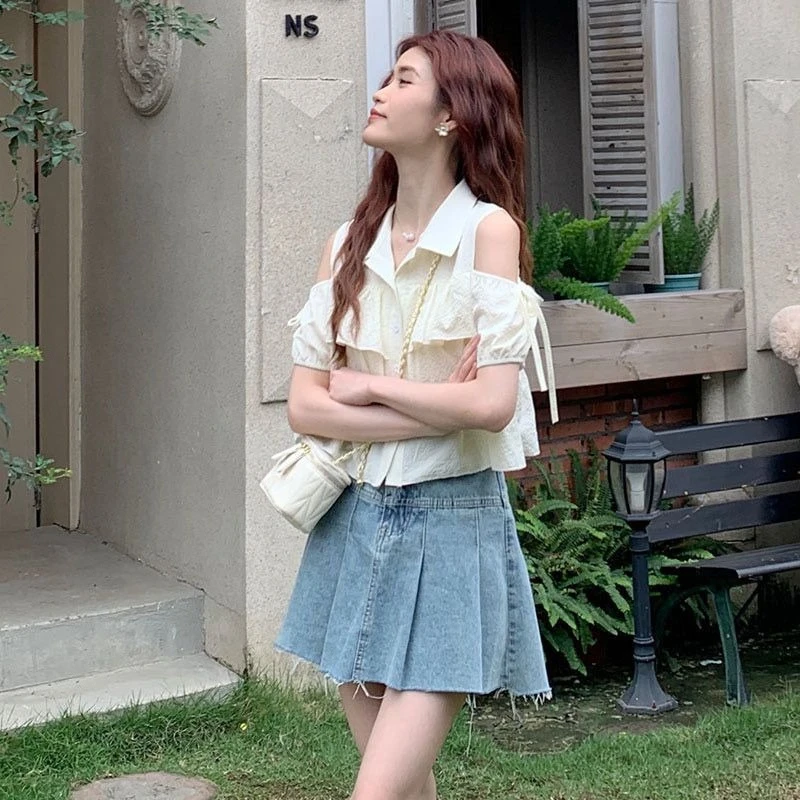 Women's Short Length Shirt 2026 Summer New Arrival Niche Elegant Short Sleeve Slimming Design Ruffle Babydoll Top