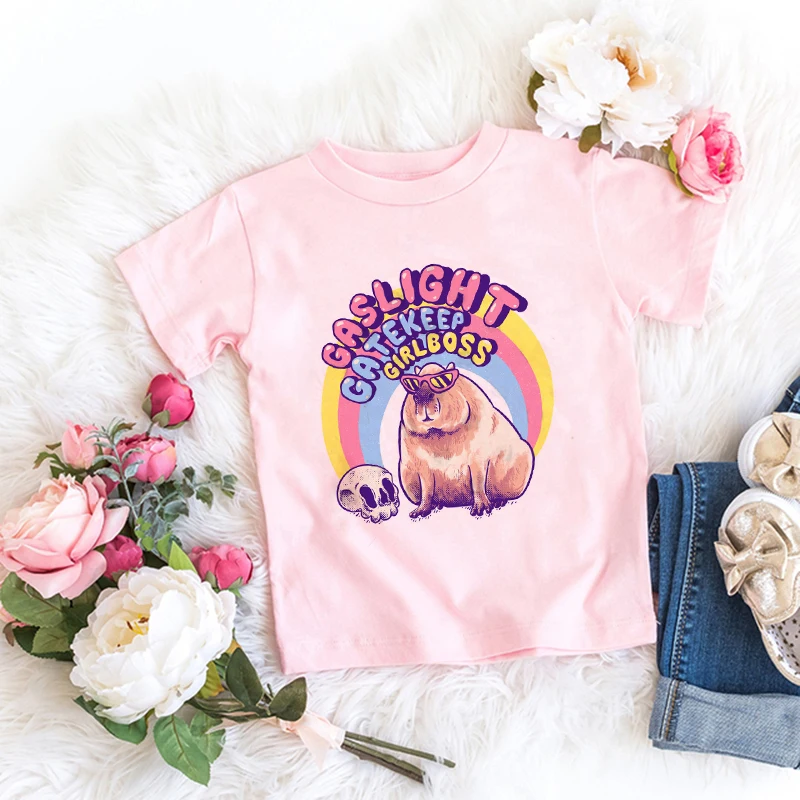 Camiseta engraçada capivara amor kawaii para crianças, roupas fofas de desenhos animados infantis, blusa casual para bebê menino e menina