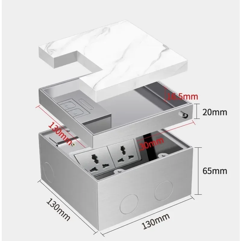 Metal Panel Stainless Steel 130Size Universal Inlaid Floor Socket - 2 Power Outlets with Recessed USB and Network Functionality