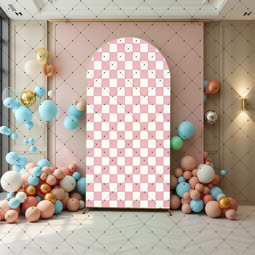Pink Red Checkerboard Pattern Arch Backdrop Cover Kids Birthday Party Photo Shooting Background Decor Spandex Covers