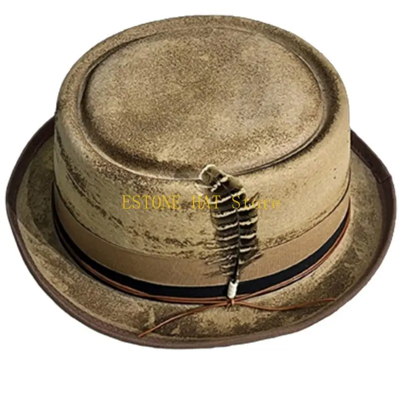 Carnivals Distressed Hat Autumn Adult Trilby Hat with Feather Decor Festival Hat for Adult Skin-Friendly Flat Top Hat