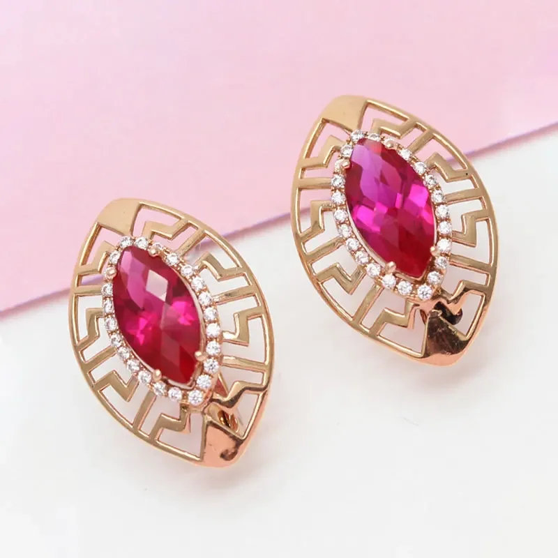 585 purple gold plated 14K rose gold inlaid ruby earrings for women fashion luxury Marquise shape Ear buck new wedding jewelry