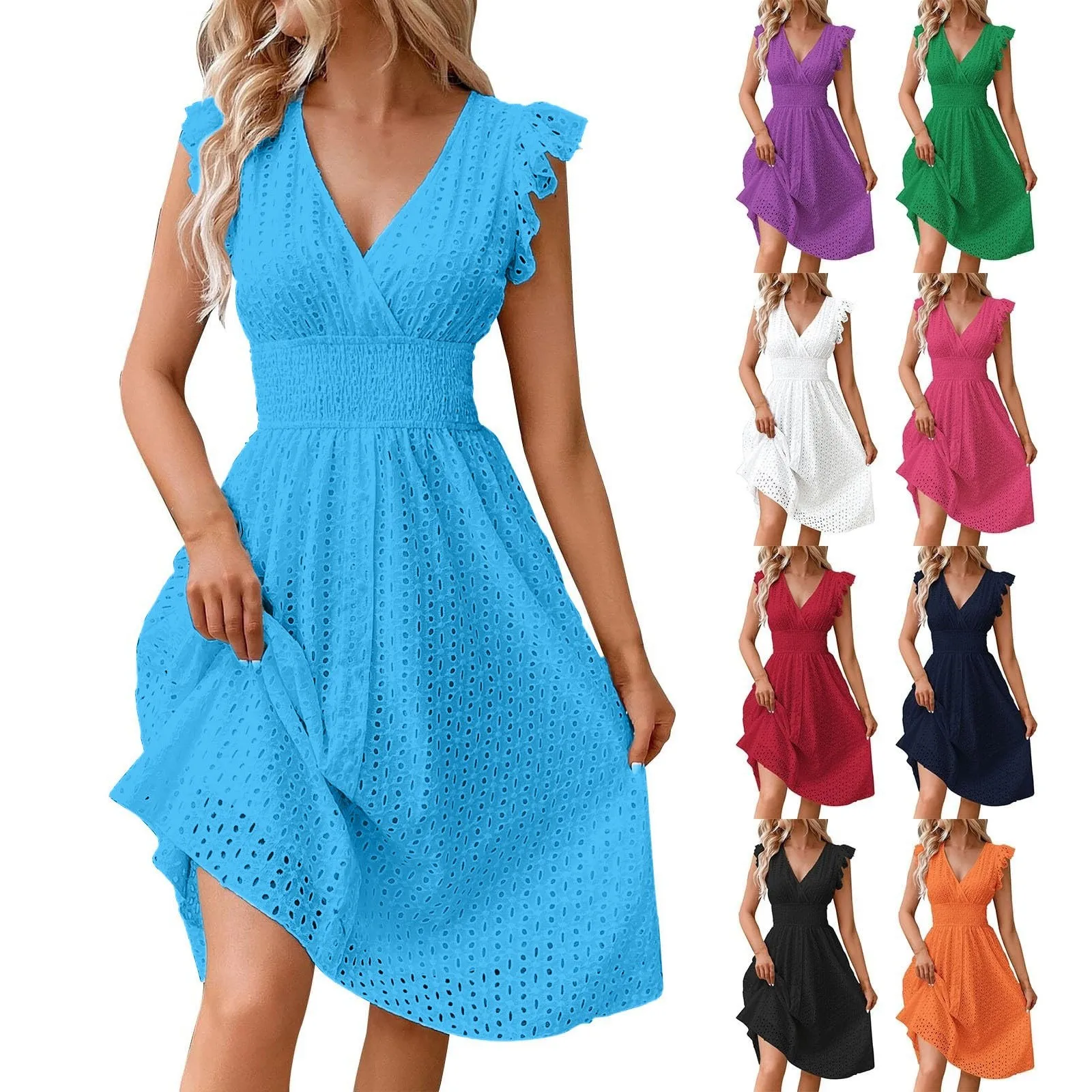 Women's Summer Lace V Neck Wrap Sundress Ruffle Sleeve Boho Floral Elastic Waist Cute Short Dresses Women Dress 2024 Trend Women