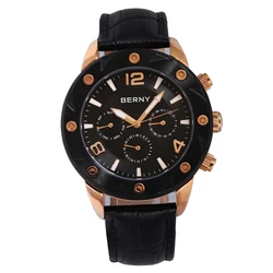 BERNY Men's Watch Multifunction Dial Business Quartz Wristwatch Luminous Hand Leather Strap Waterproof Watch