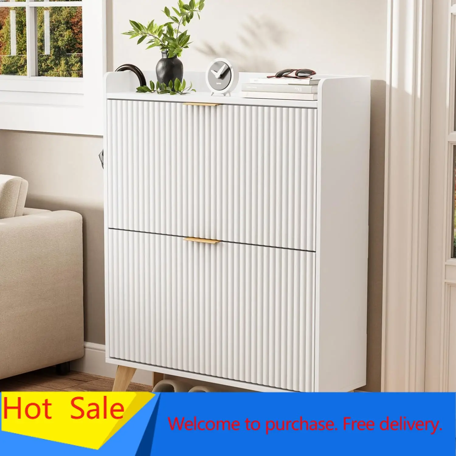 

Slim Shoe Storage Cabinet for Entryway, 2 Flip Drawers Wooden Organizer with Fluted Panel, Secure Fence Top for Plants & Decor,