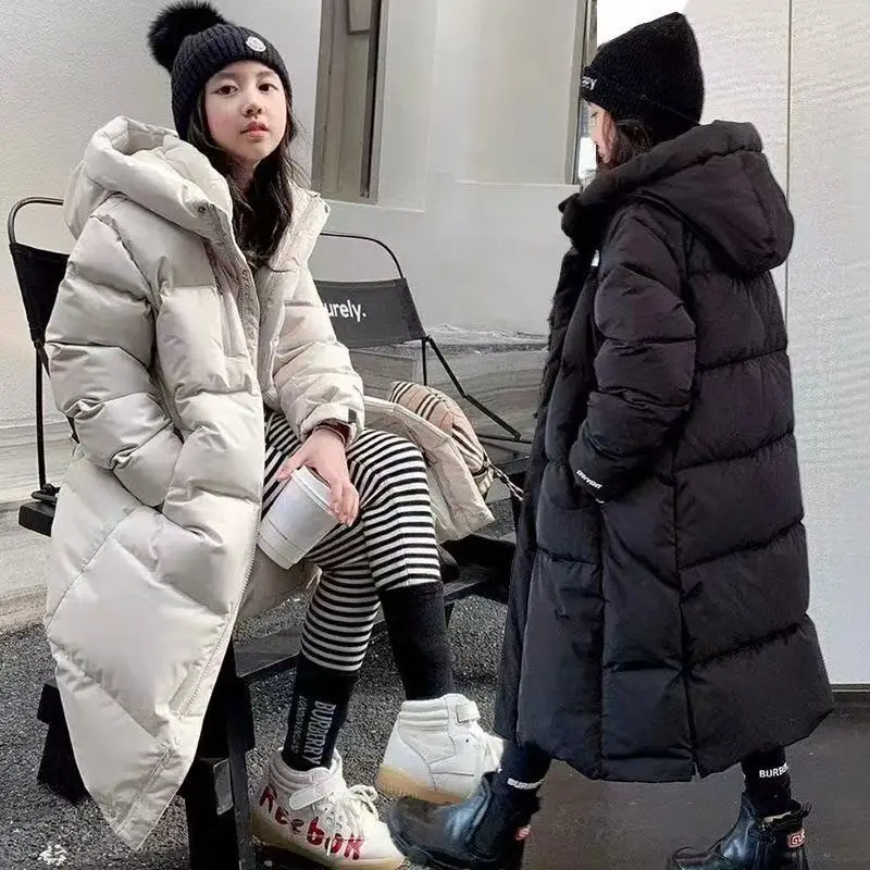 

120-170cm Kids Winter Thickened Girl down Cotton Jacket Hooded Mid-Length Knee-Over Bread Coat Children Warm Outerwear Parka