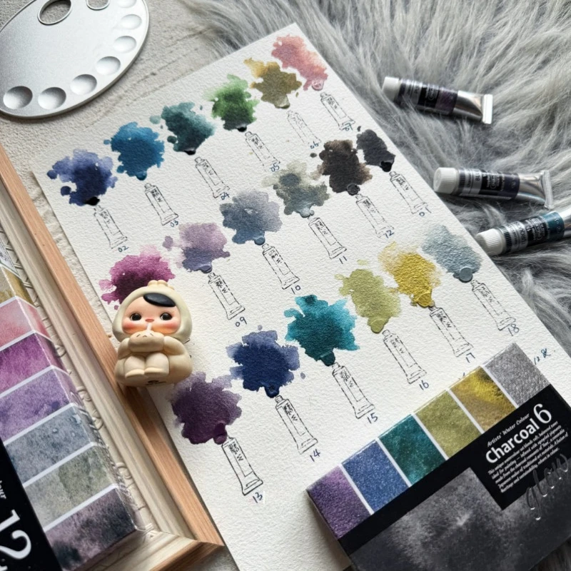 Image of Kusakabe Charcoal Artist Glow Aquarellfarben, 6-farbig, transparent, 12 Farben, 0,3/0,5/1 ml, tragbare Aquarell-Unterverpackung, Künstlerbedarf