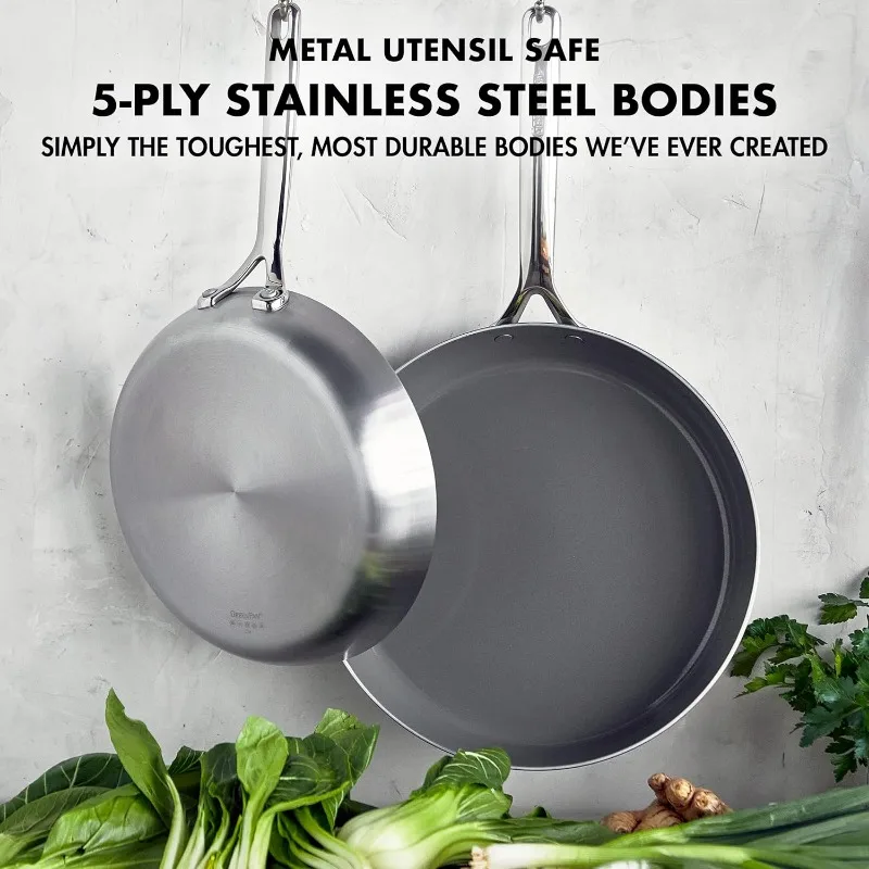 GP5 Stainless Steel 5-Ply Healthy Ceramic Nonstick 10" and 12" 2 Piece Frying Pan Skillet Set, Scratch Resistant, Induction