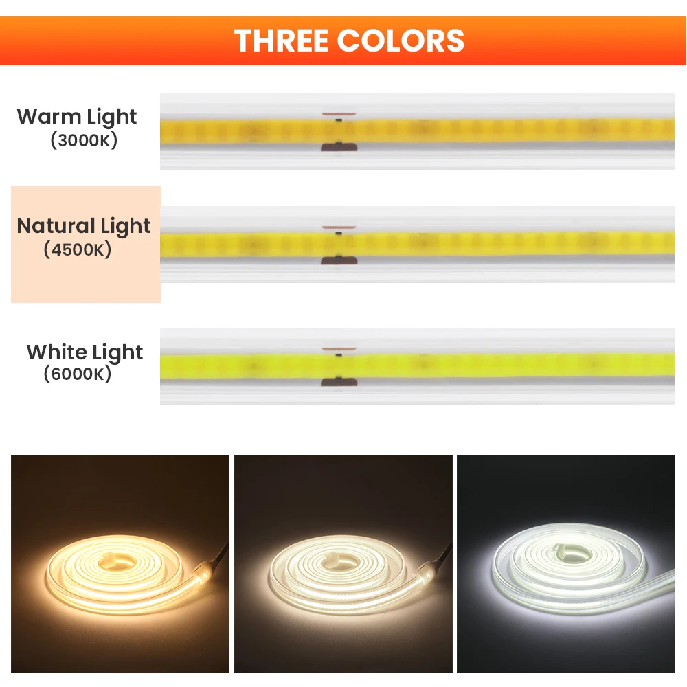 AC 220V COB LED Strip Lights 288LED/m Adjustable Brightness Outdoor Waterproof Lamp 3000-6500K With Dimmer Switch EU Power Kit