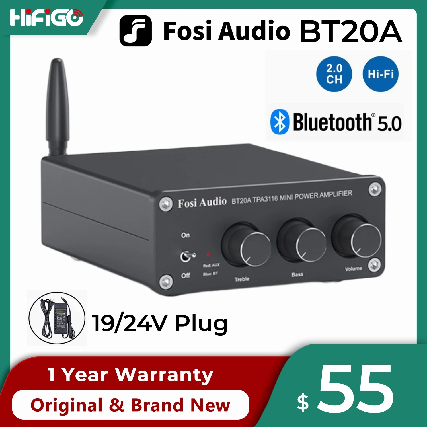 

Fosi Audio BT20A Bluetooth 5.0 Amplifier 2 Channel Stereo AMP Receiver 2*100W Mini HiFi Class D Amplifier for Home Audio System