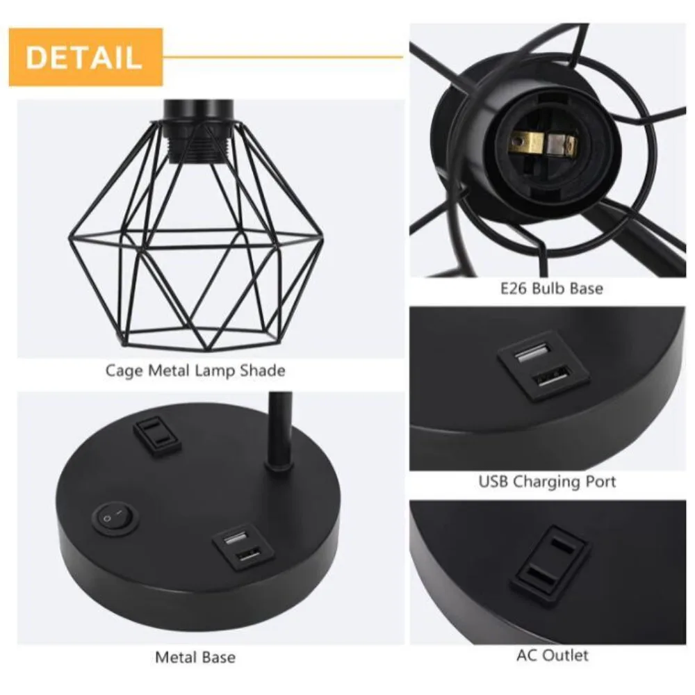 2x مصباح مكتبي صناعي عتيق مصباح طاولة بجانب السرير اديسون 2 منافذ USB مخرج تيار متردد