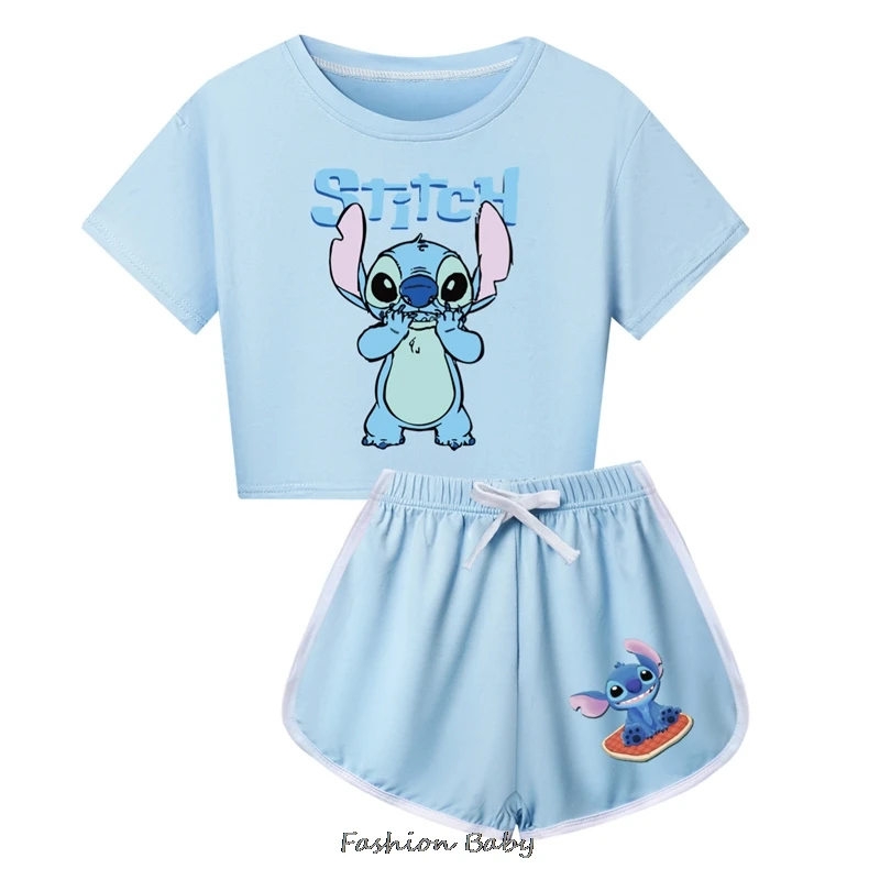 

Lilo And Stitch Clothes Kids Yoga Running T-shirt Shorts 2pcs Set Toddler Girls Short Sleeve Tops Child Dance Training Sportsuit