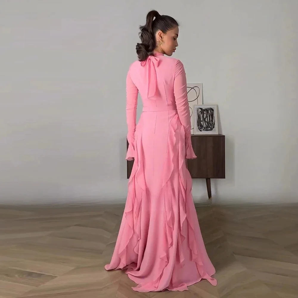 Elegante avondjurk met hoge hals voor dames, lange mouwen, ruches, chiffon, A-lijn, vloerlengte, formele feestjurken op maat