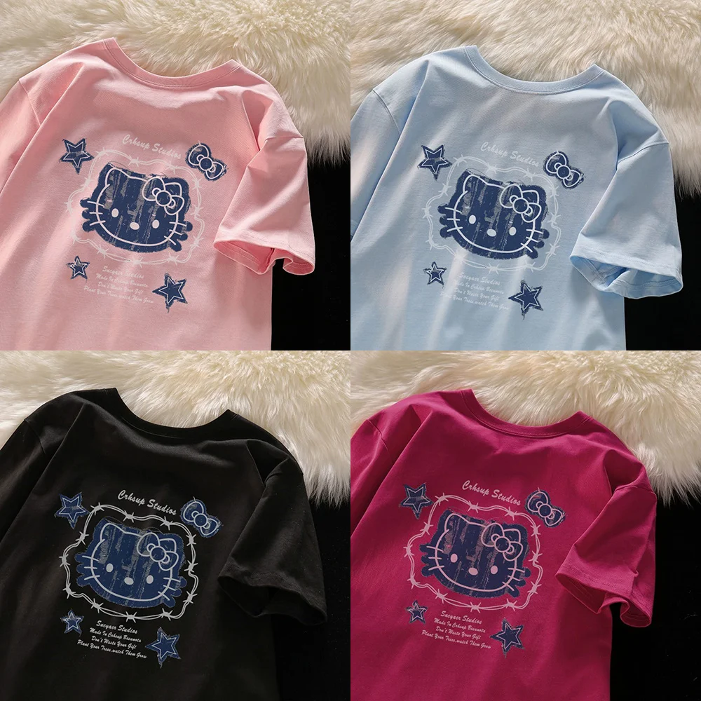 

New Sanrio Hello Kitty Youth Wear Woman T Shirt Aesthetic Tee Clothing Letter Youth T-Shirts Personality Harajuku Short Sleeved