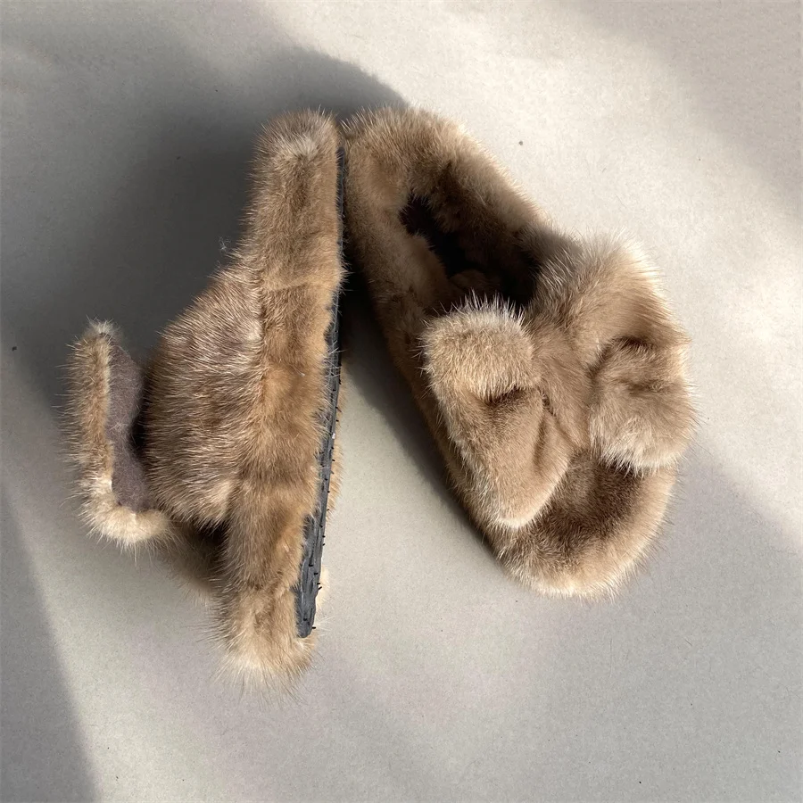 Luxury Designer Female Shoes Winter Slippers For Women Real Mink Fur Slides Rubber Flat Bottom Warm Soft Indoor Women  Slippers