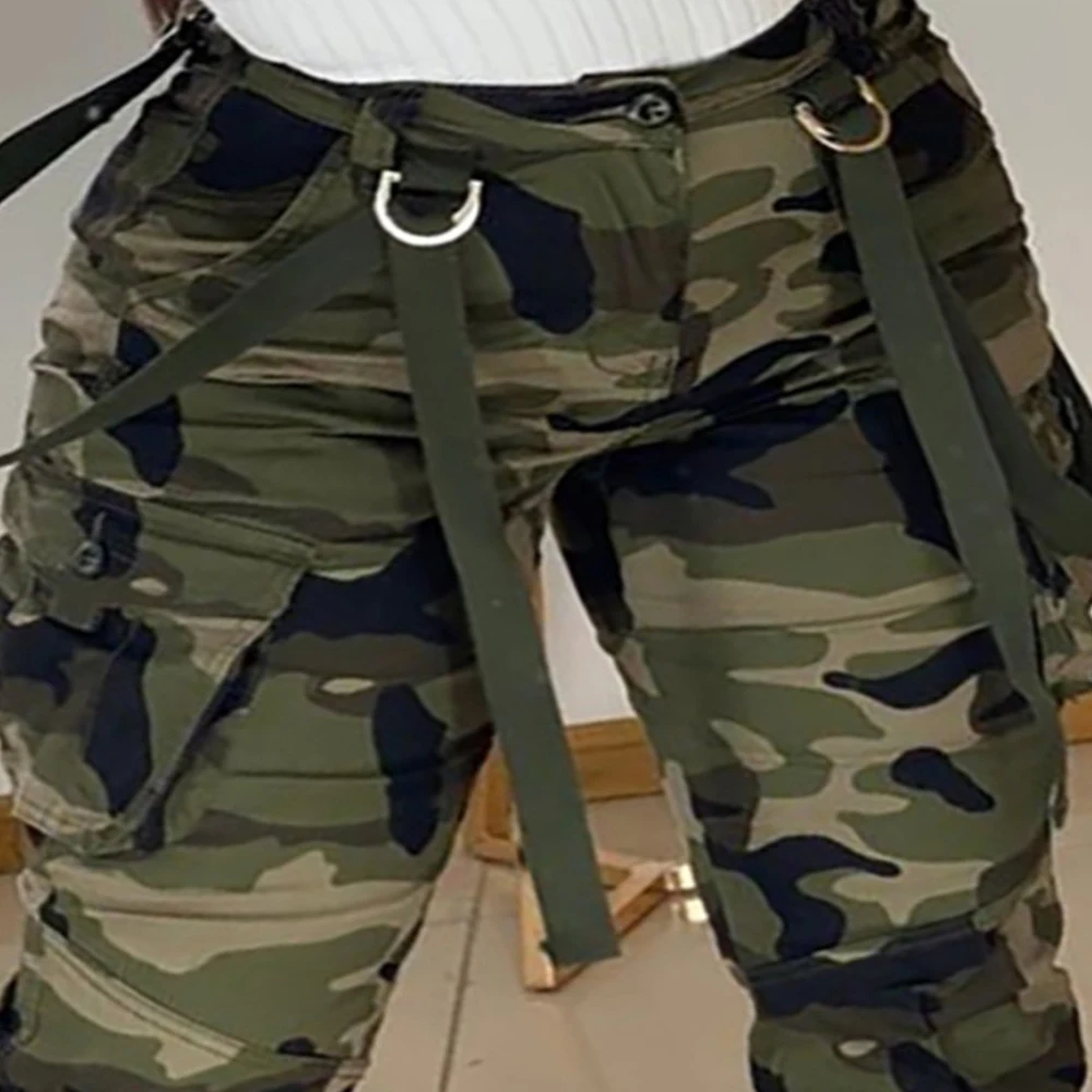 Women\'s Athletic Training Joggers Camouflage Tactical Pants Sashes Multi Pocket Summer Outdoor Cargo Long Pants Workwear Female