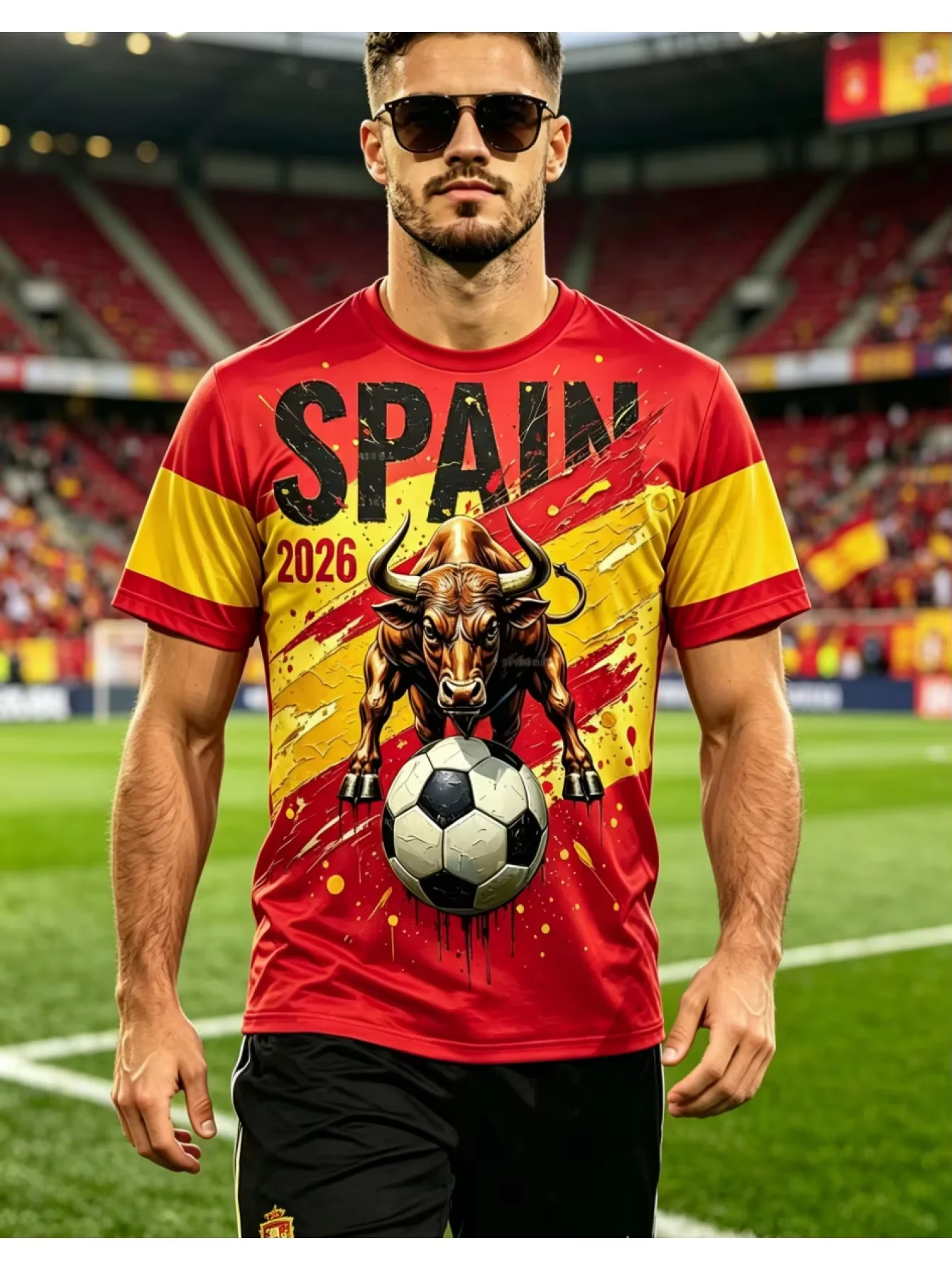 2026 Summer Spain Theme Print Men's Soccer Jersey, Bull & Football Graphic, Casual Short Sleeve Watching Match Support T-Shirt