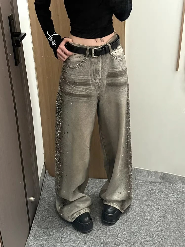 

American High Street Starry Diamond Splicing Jeans Women's Spring Hot Girl Design Faionable All-Match Floor-Length Pants