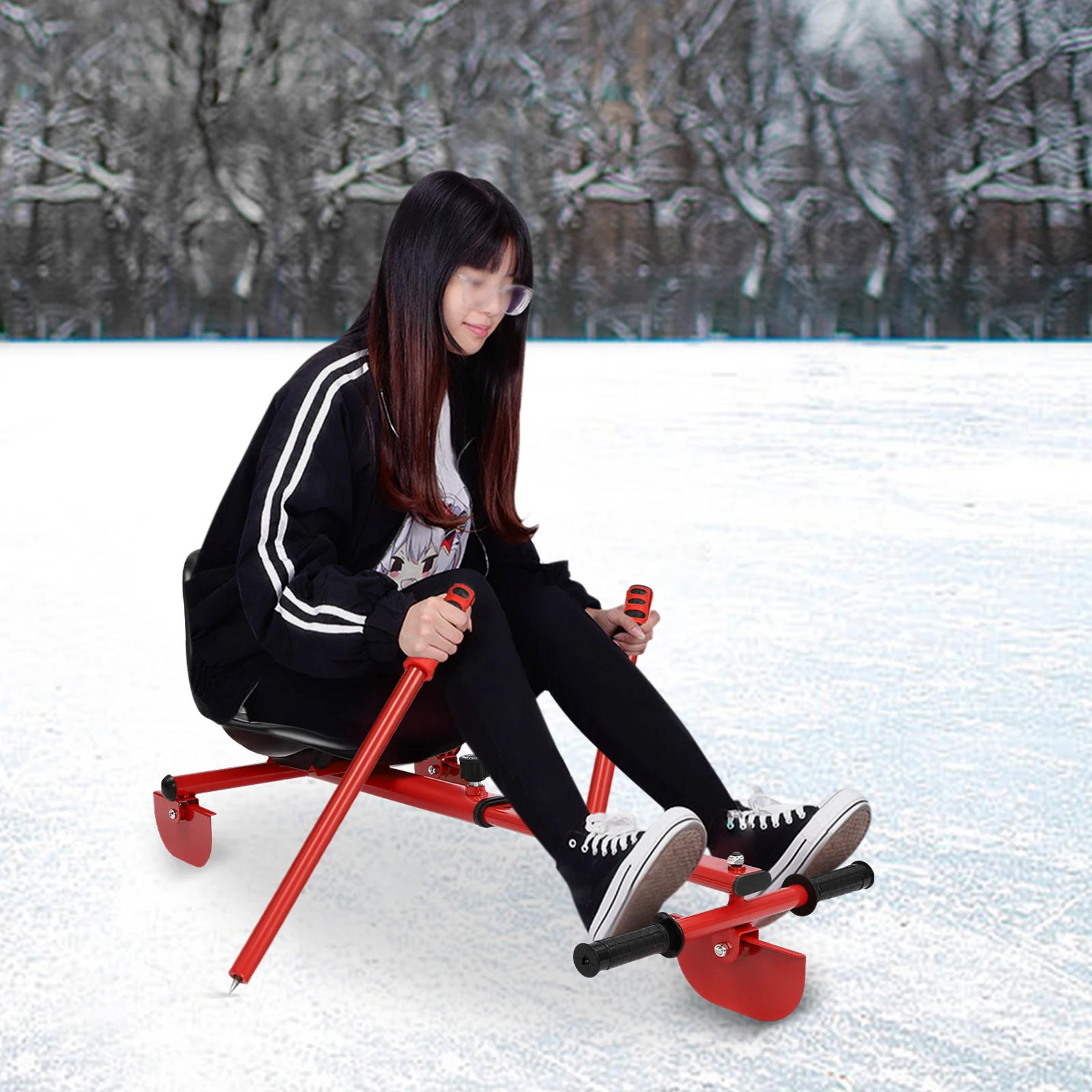 

Ski Sled Slider Board with Seat Adjustable Ice Skating Equipment Kids Snowscoot Ski Slider with 360° Non-slip Foot Pedal