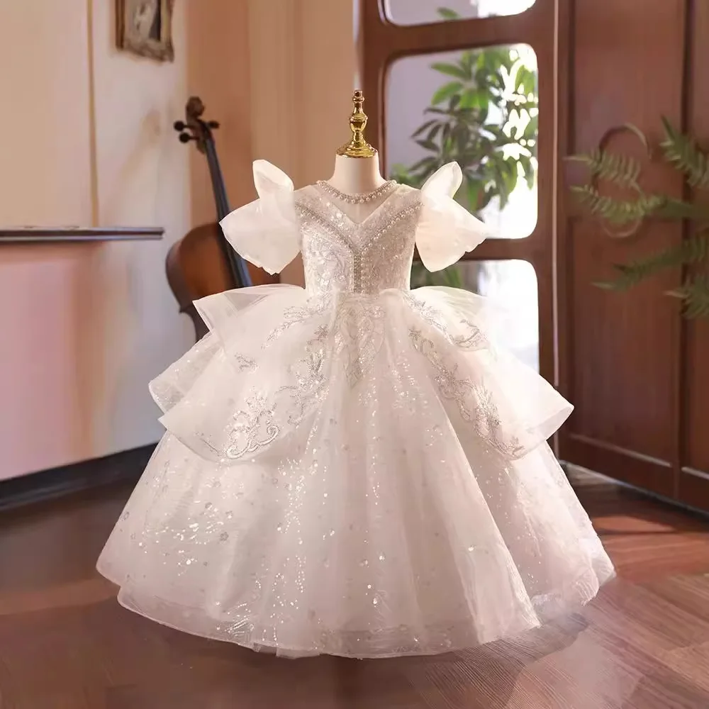 

Ball Gown Baby Flower Girl Dresses Pearls Sequins Prom Birthday Princess Children Party Gowns