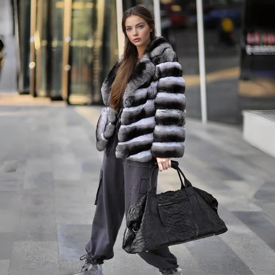 Chichilla Rex Rabbit Fur Coat Short Real Fur Coat With Suit Collar For Women Furry Jackets High Quality Genuine Leather Jacket