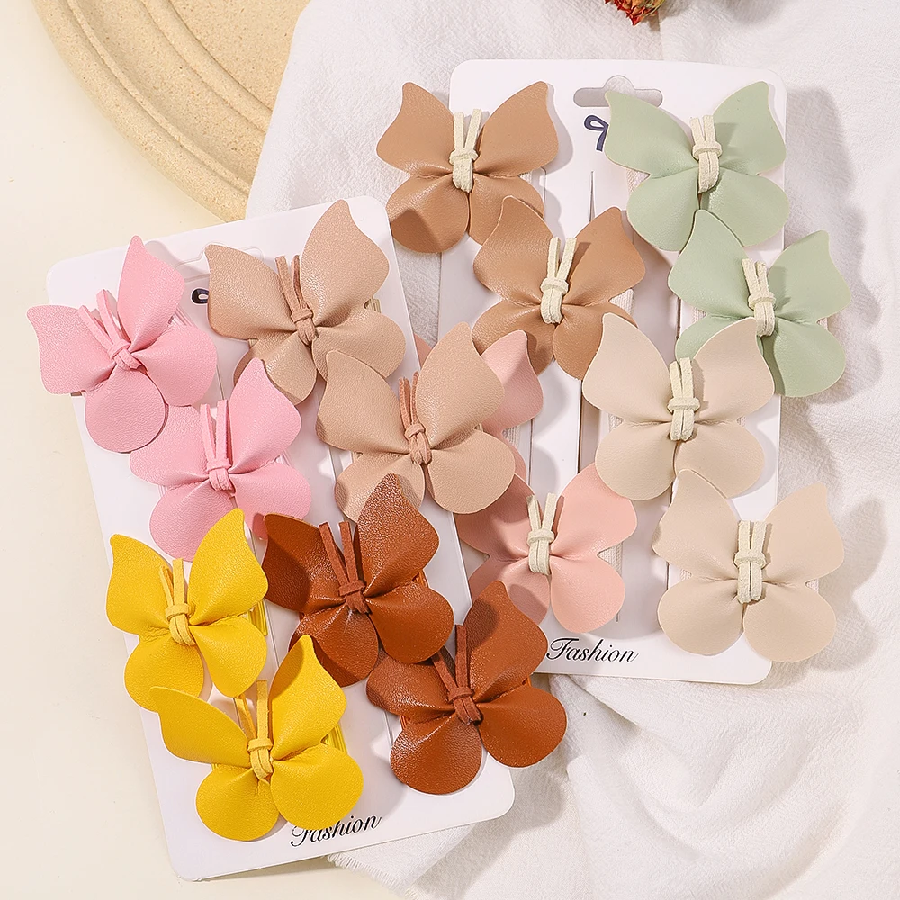 8pcs Baby Girls Cute Butterfly Hair Clips for Kids Handmade PU Leather Safe Hairpins Headband Solid Princess Hair Accessories