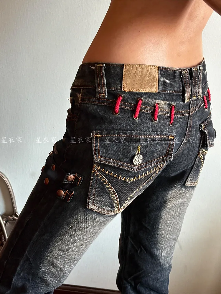 Women's Y2k Baggy Flare Jeans Harajuku Japanese 2000s Style Patchwork Denim Trouser Vintage Oversize Cargo Jeans Pants Clothes