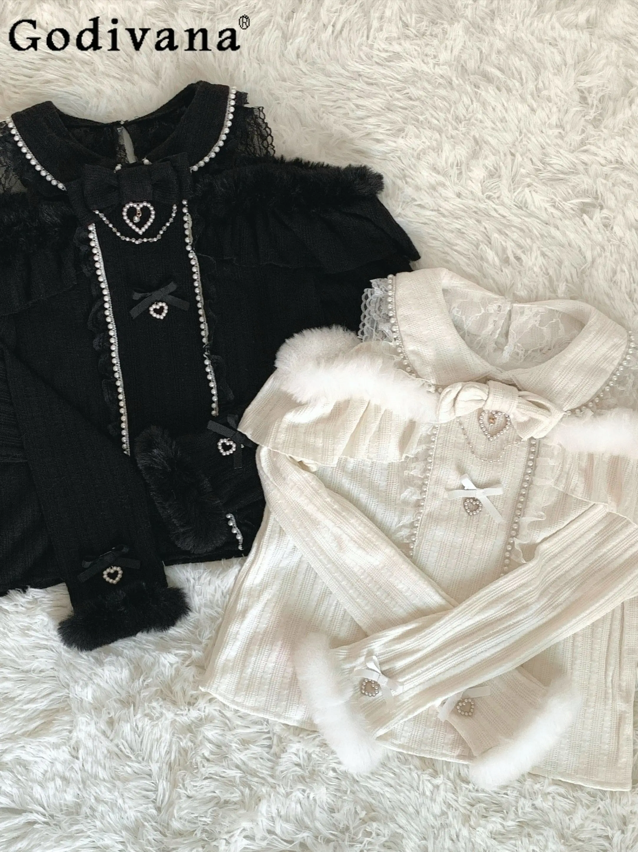 

Japanese Original Design Mass-Produced Knitted Long-Sleeve Pearl Base Shirt Lace Bow Plush Doll Sweet Girl Top