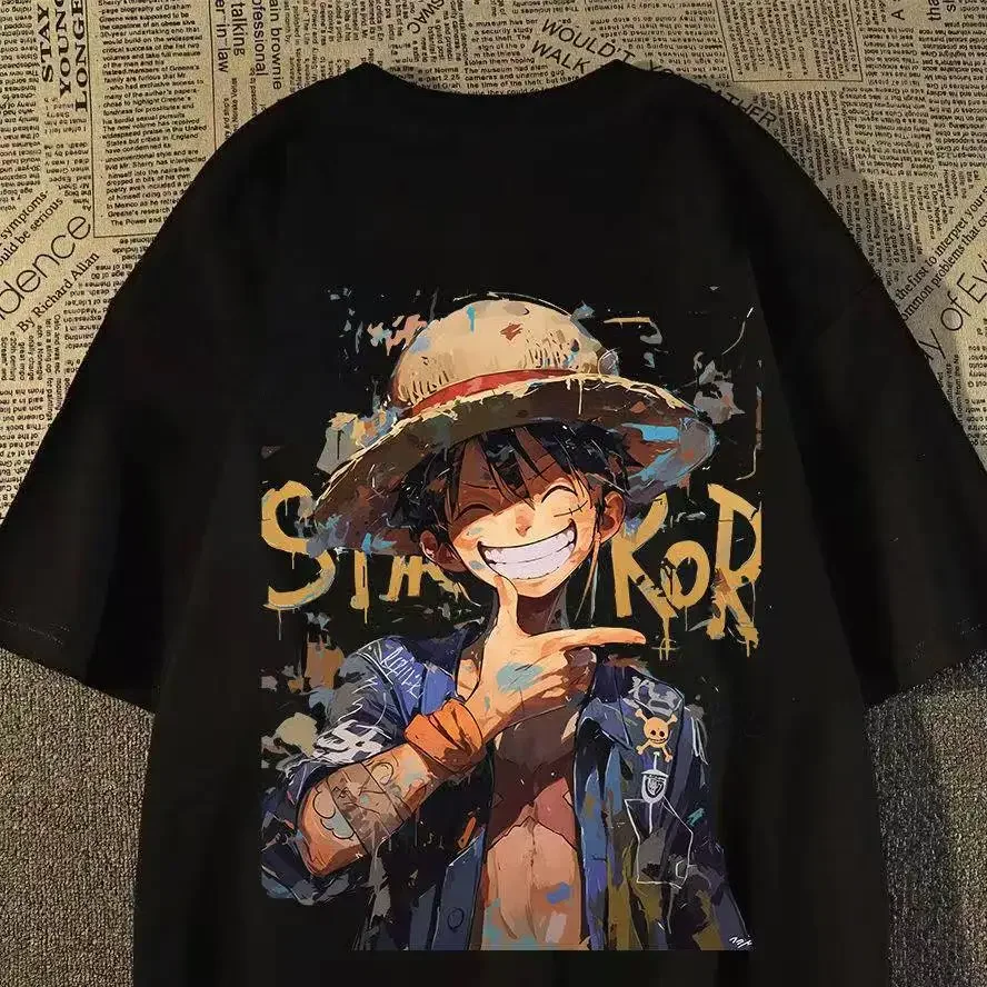 

New Luffy Sauron ONE PIECE Animation Personality Printing Heavy Loose Plus Size Cotton Cartoon Men's and Women's T-Shirts Y2K